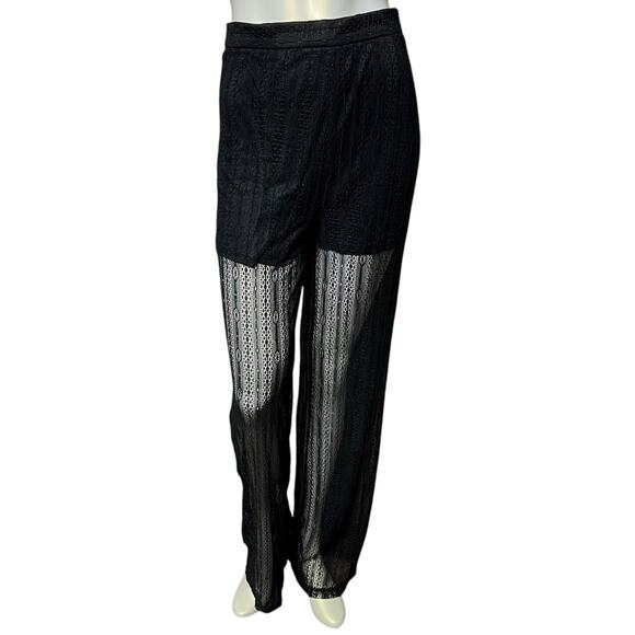 Blue Blush Black Lace Wide Leg Pants M Sheer Overlay High Waist Elegant - Picture 1 of 16